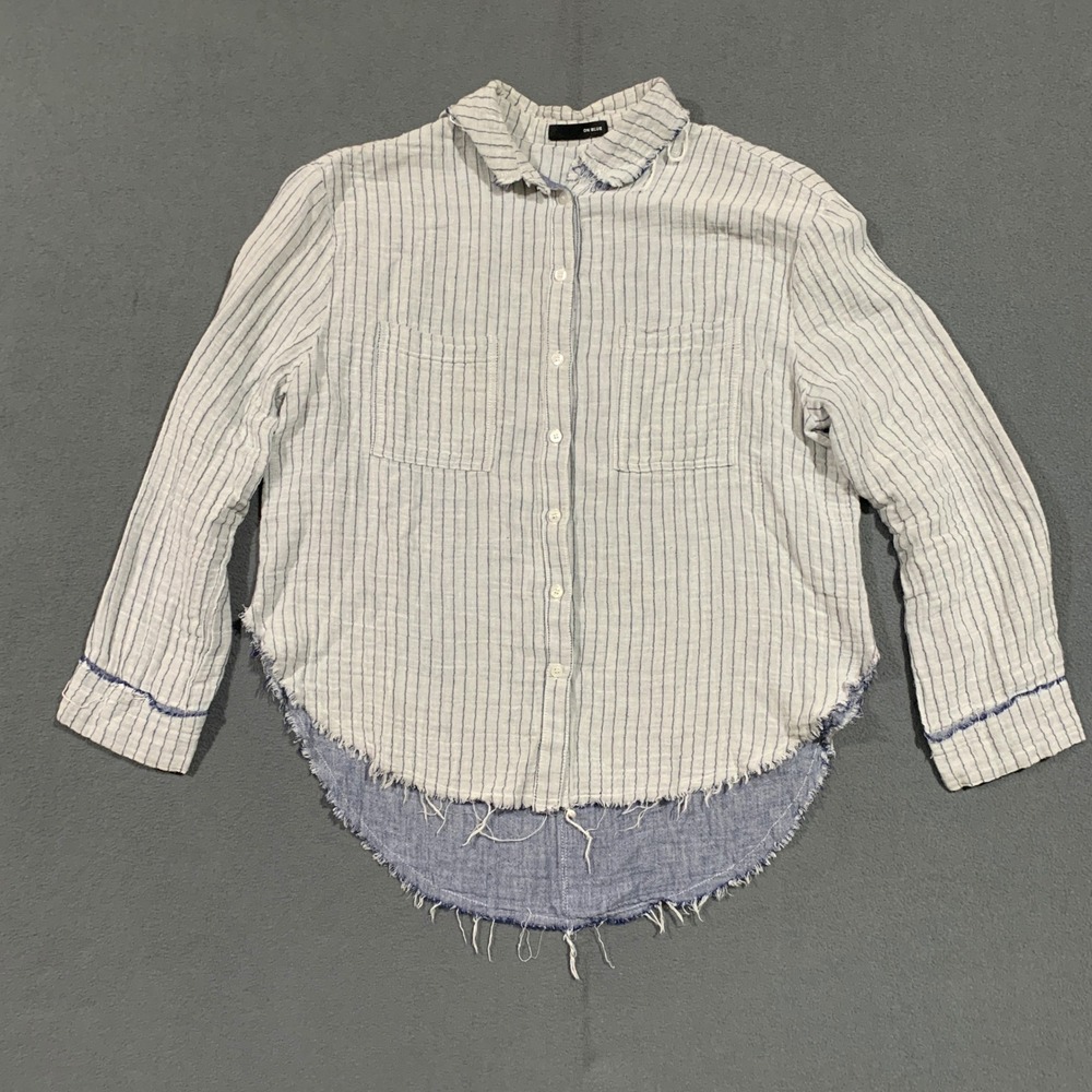 On Blue Womens Button Down Shirt Blue Striped Frayed Hem Cotton Oversized Beach